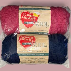 Vintage Red Heart With Wool Yarn Lot - 2 Skeins - Magneta 575 - Royal Navy 587